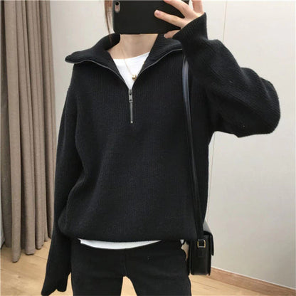Damen Strickpullover Hochkragen Halbzipp Norvielle