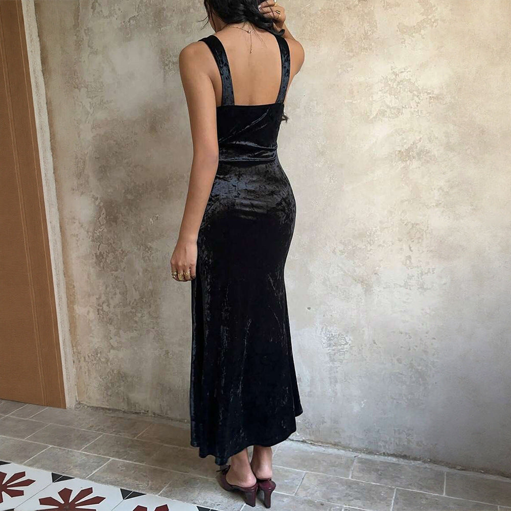 Damen Maxi-Kleid Samt V-Ausschnitt Spaghettiträger