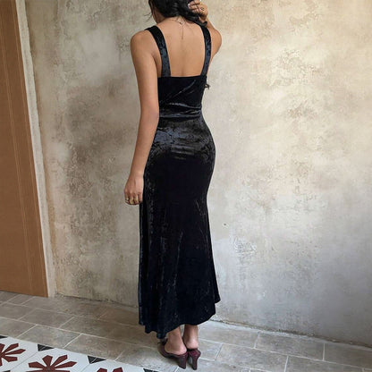 Damen Maxi-Kleid Samt V-Ausschnitt Spaghettiträger