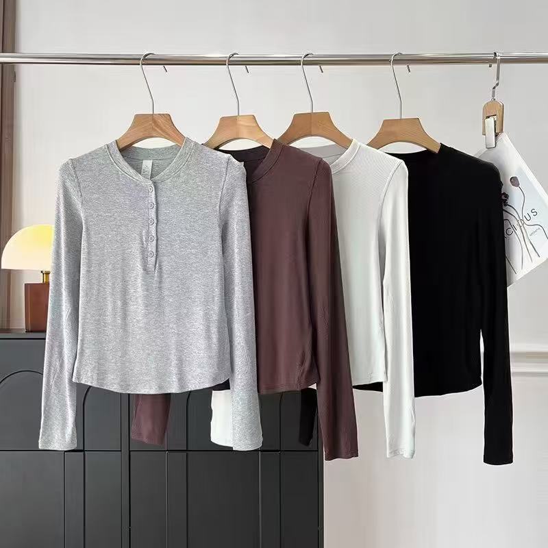 Damen Langarmshirt Baumwollmix Weich Knöpfe Schwarz - Norvielle