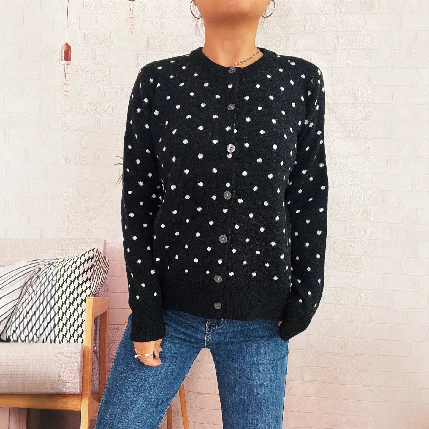 Damen Strickjacke Modern Punkte Knopfleiste Norvielle