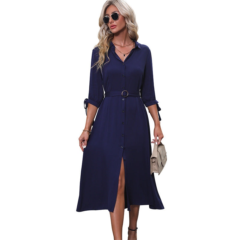 Damen Hemdblusenkleid mit Taillengürtel und Seitenschlitz Norvielle