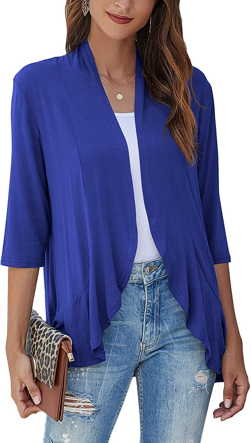 Norvielle Damen Strickjacke Einfarbig 3/4 Ärmel Rüschenrand