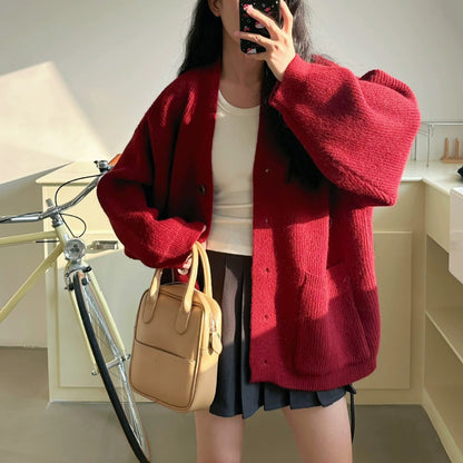 Damen Strickjacke Große Taschen Knöpfe Beige