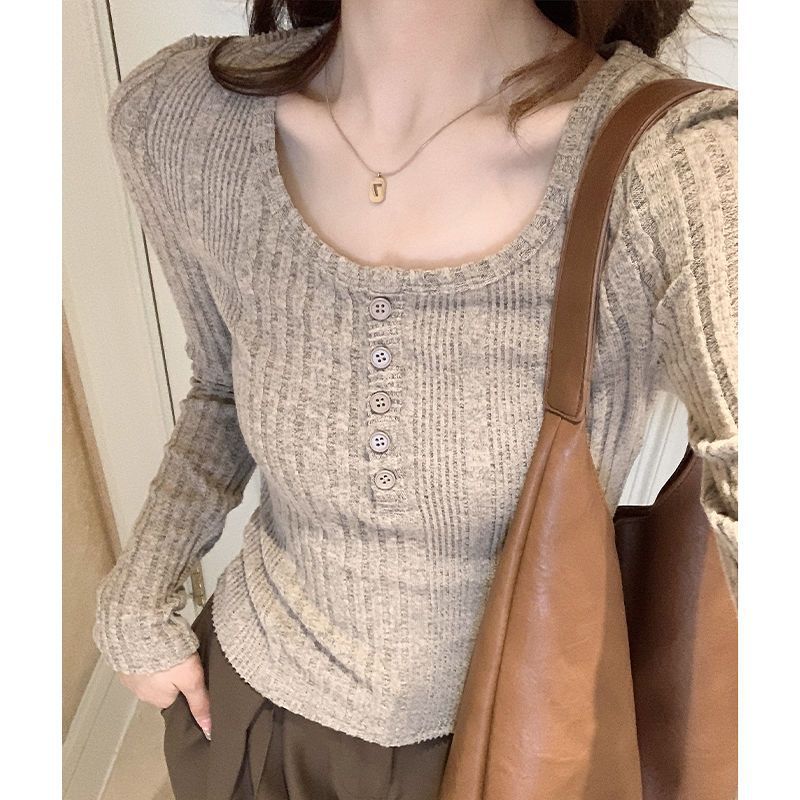 Damen Langarm-Pullover Figurbetont Mit Knöpfen Norvielle