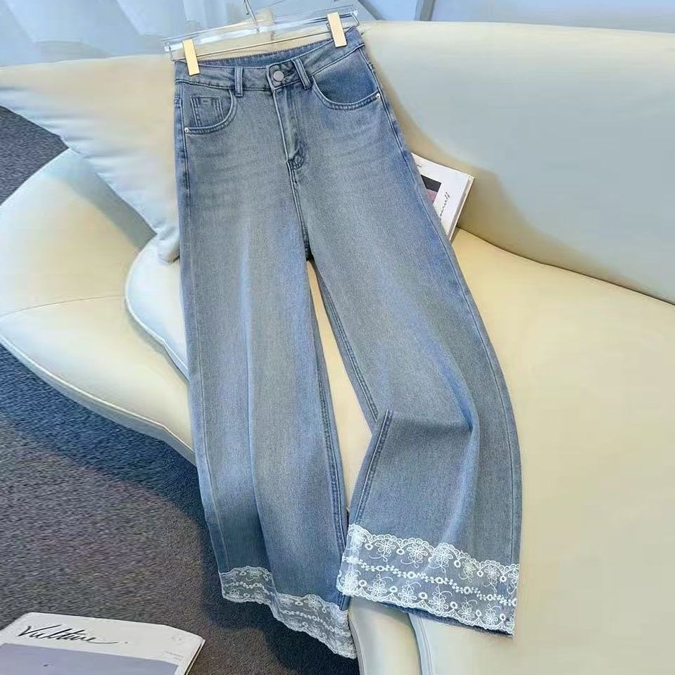 Damen Weite Jeans Spitzenbesatz