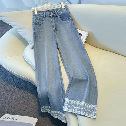 Damen Weite Jeans Spitzenbesatz