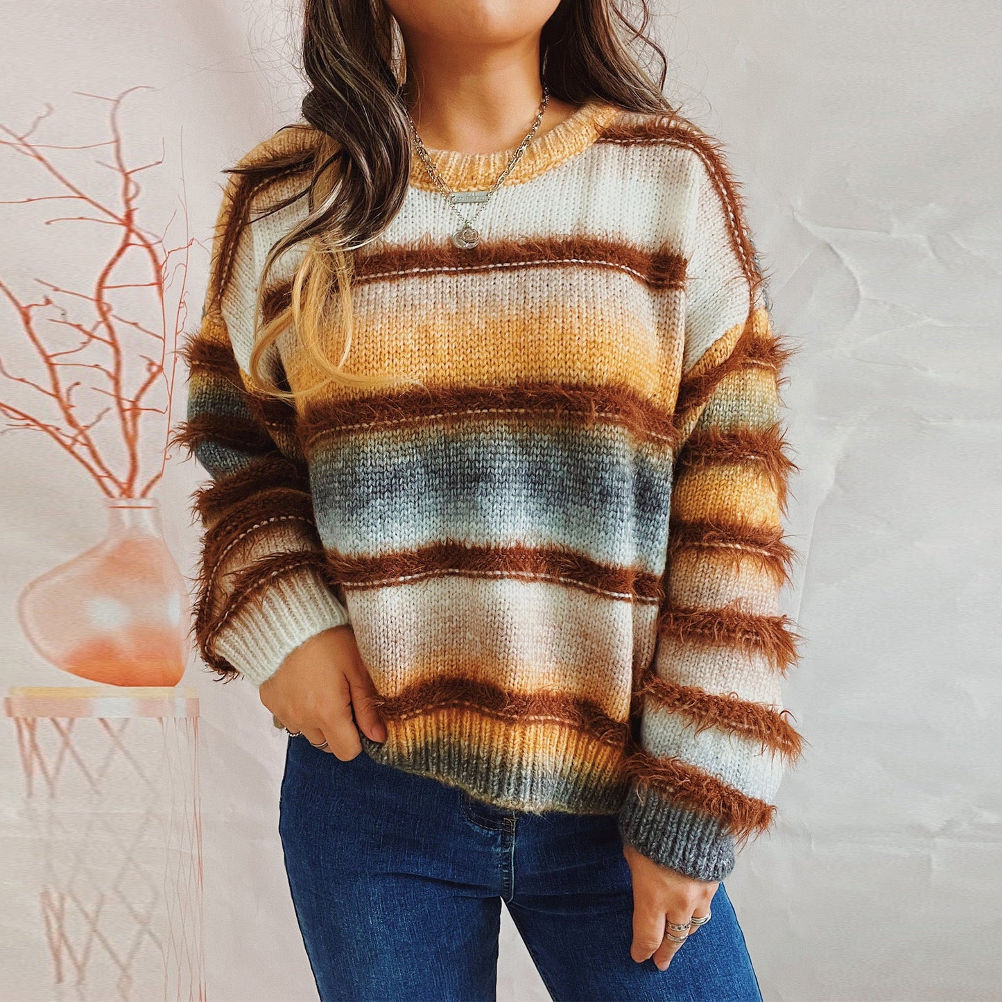 Damen Strickpullover Flauschig Weich Farbverlauf