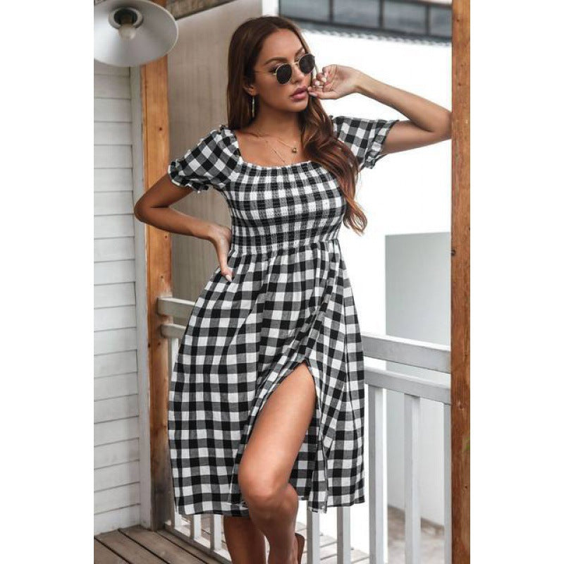 Damen Midikleid Karomuster Seidenstoff Seitenschlitz