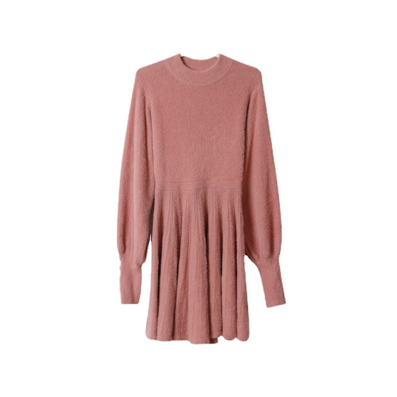 Damen Strickkleid Puffärmel Knöpfe