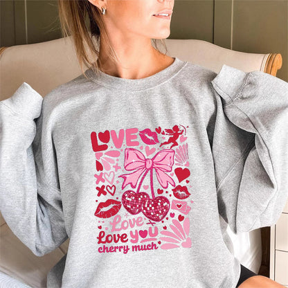 Damen Sweatshirt Voluminöse Ärmel Kirschmotiv Grün