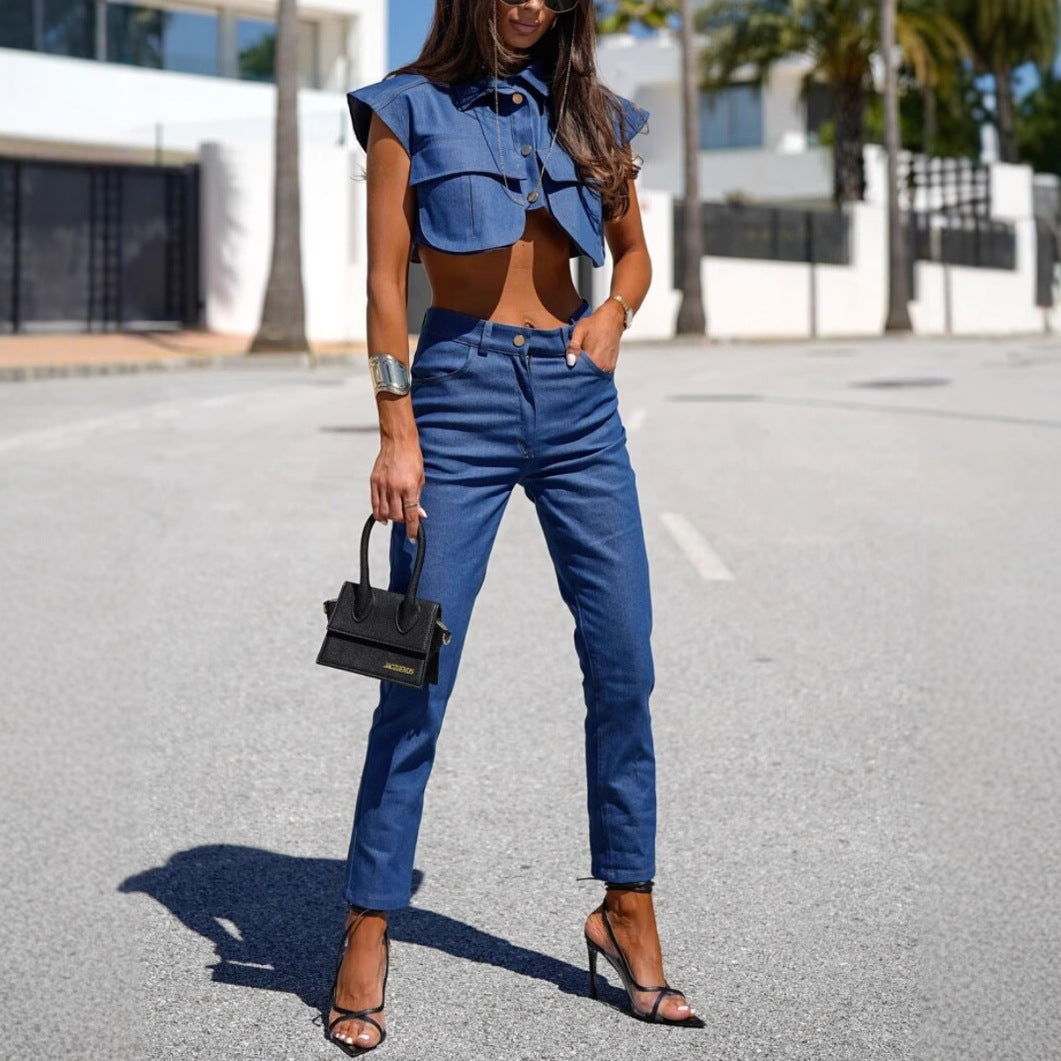 Damen Denim Crop- Weiter Kragen Blau - Norvielle