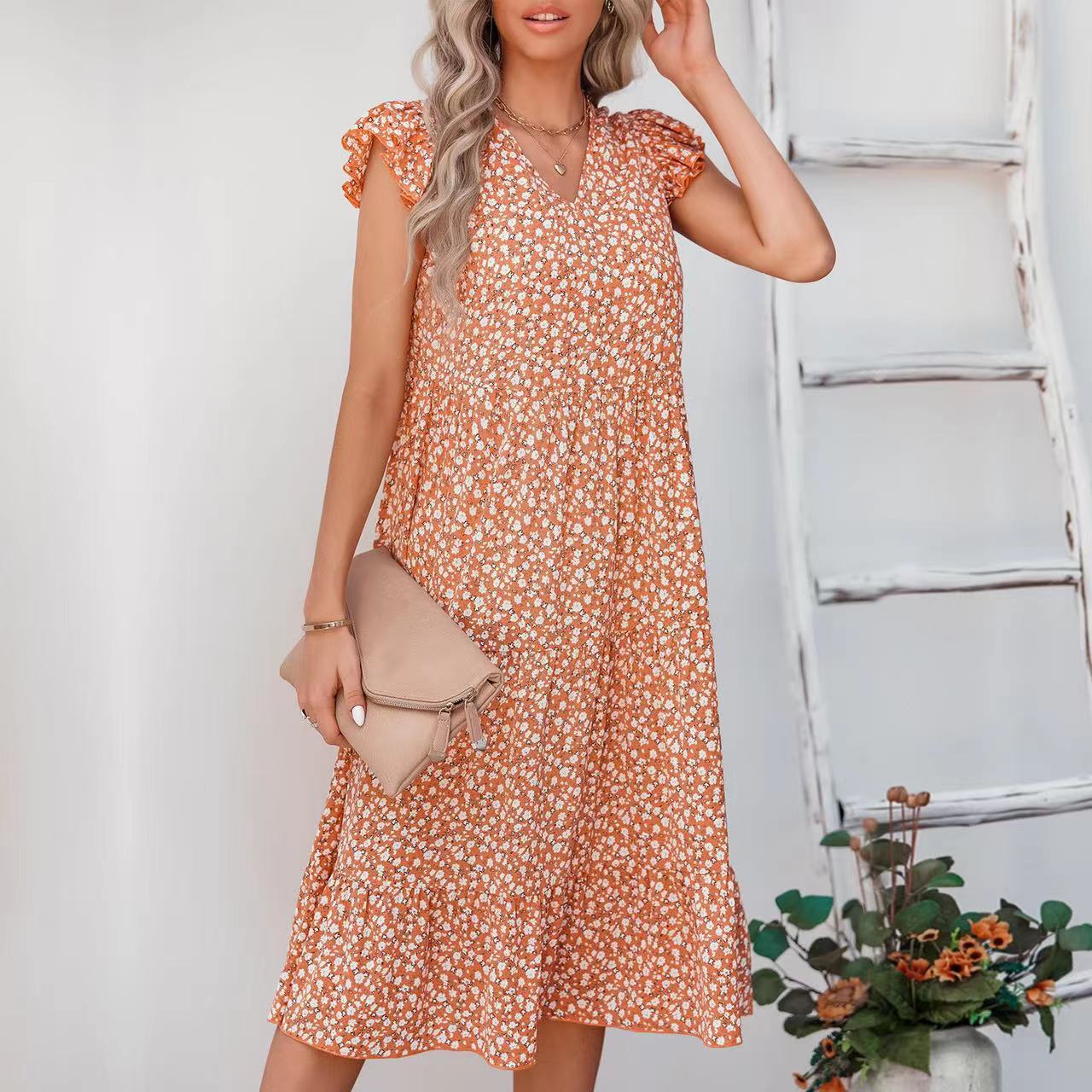 Damen A-Linien Kleid mit Rüschenärmeln und Blumenmuster