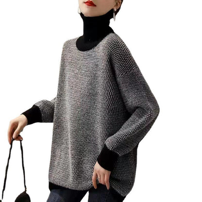 Damen Grobstrickpullover Hochkragen Modernes Muster Beige