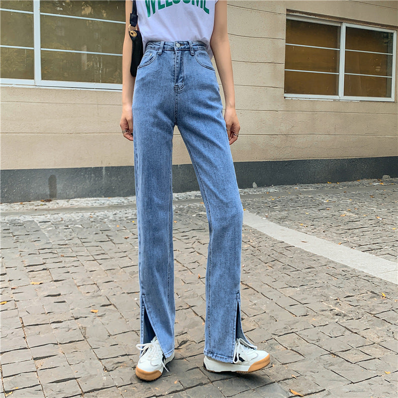 Damen Hochtaillierte Denimhose mit Seitenschlitzen