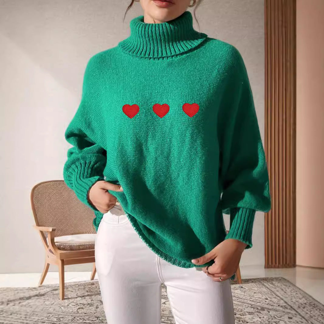 Damen Pullover Hoher Kragen Herzapplikationen Norvielle
