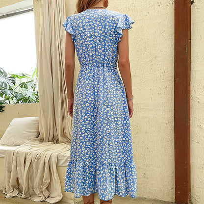 Damen Maxikleid Floral Rüschen Taillengürtel Norvielle