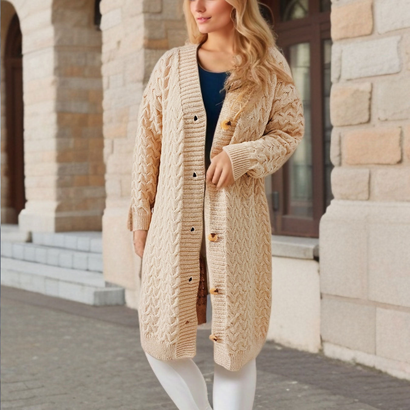 Damen Strickjacke Zopfmuster Große Knöpfe Beige - Norvielle