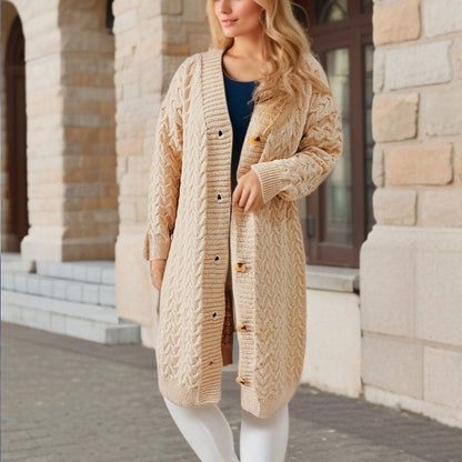 Damen Strickjacke Zopfmuster Große Knöpfe Beige - Norvielle