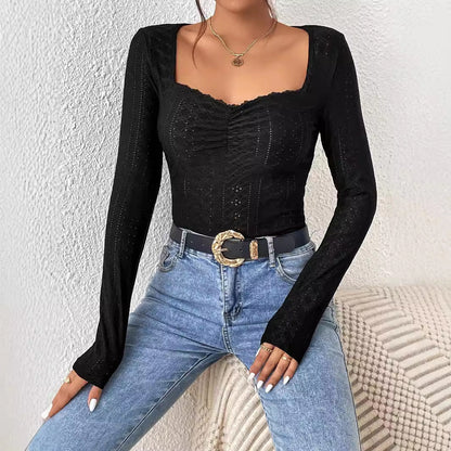 Damen Langarm Bodysuit Quadratischer Ausschnitt Rüschen Norvielle