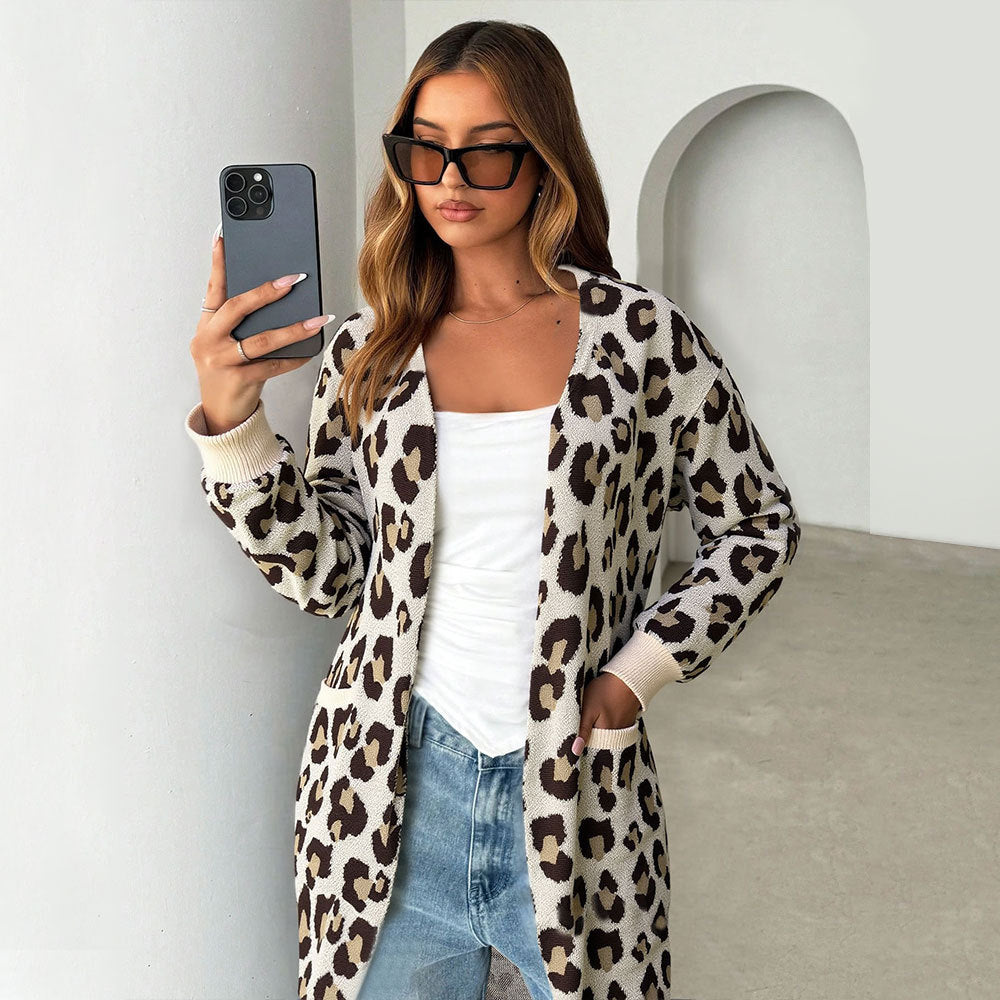 Damen Cardigan Leopardenmuster Baumwolle Mit Taschen Beige - Norvielle