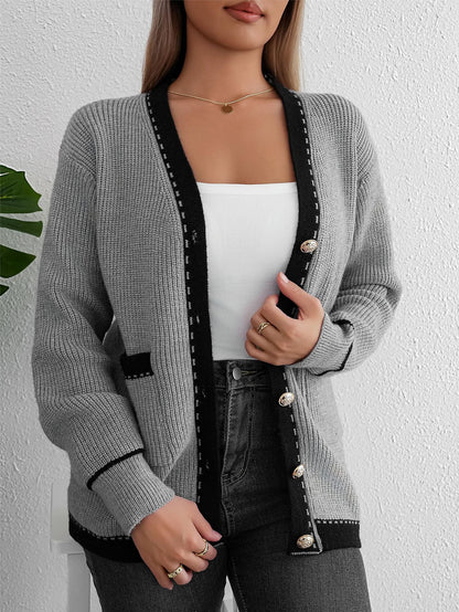 Damen Strickjacke Knopfverschluss Kontrastdetails Norvielle