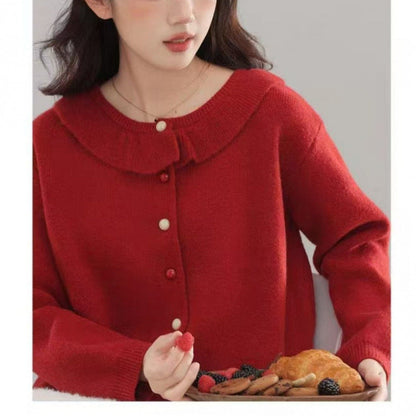Damen Strickpullover Romantischer Rüschenkragen Feine Knöpfe Norvielle