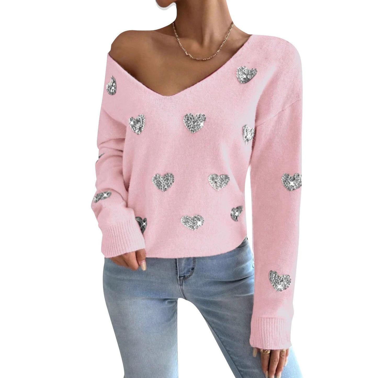 Damen Oversized Pullover V-Ausschnitt Herzmotiv