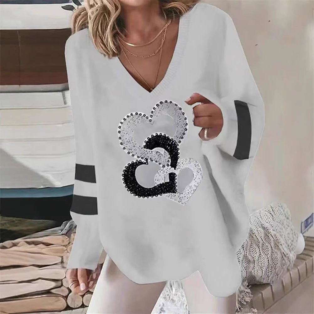 Damen Hoodie Herzmotiv Kontraststreifen Elegant