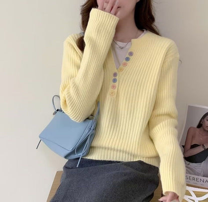 Damen Kuschel-Pullover Rundhalsausschnitt Knopfleiste Norvielle