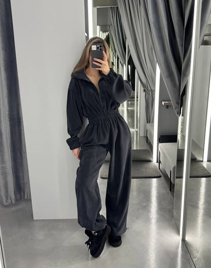 Damen Fleece-Jumpsuit Elastischer Bund Praktischer Reißverschluss