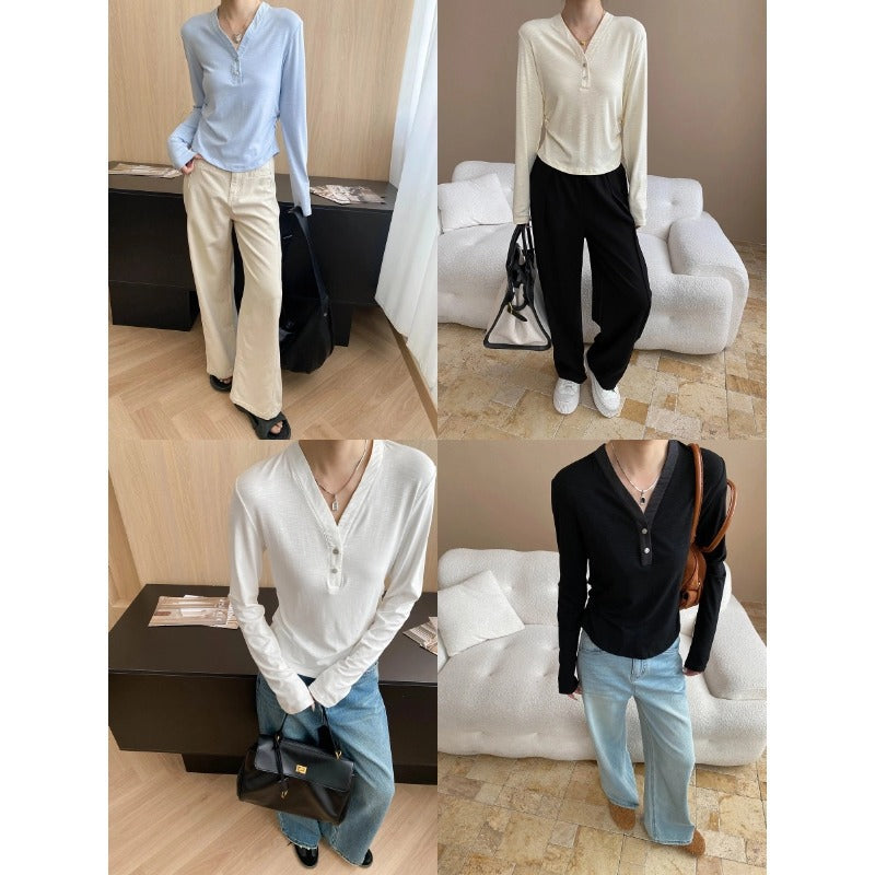 Damen Langarm Henley-Shirt Baumwolle Locker Weiß