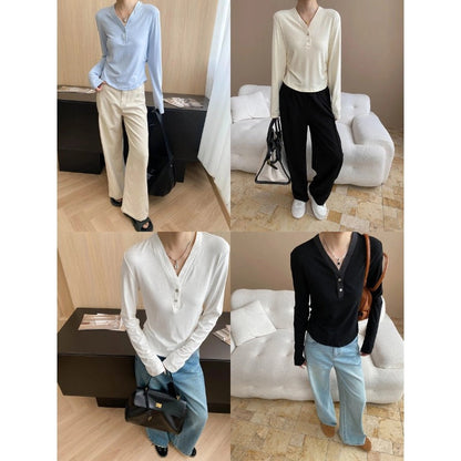 Damen Langarm Henley-Shirt Baumwolle Locker Weiß