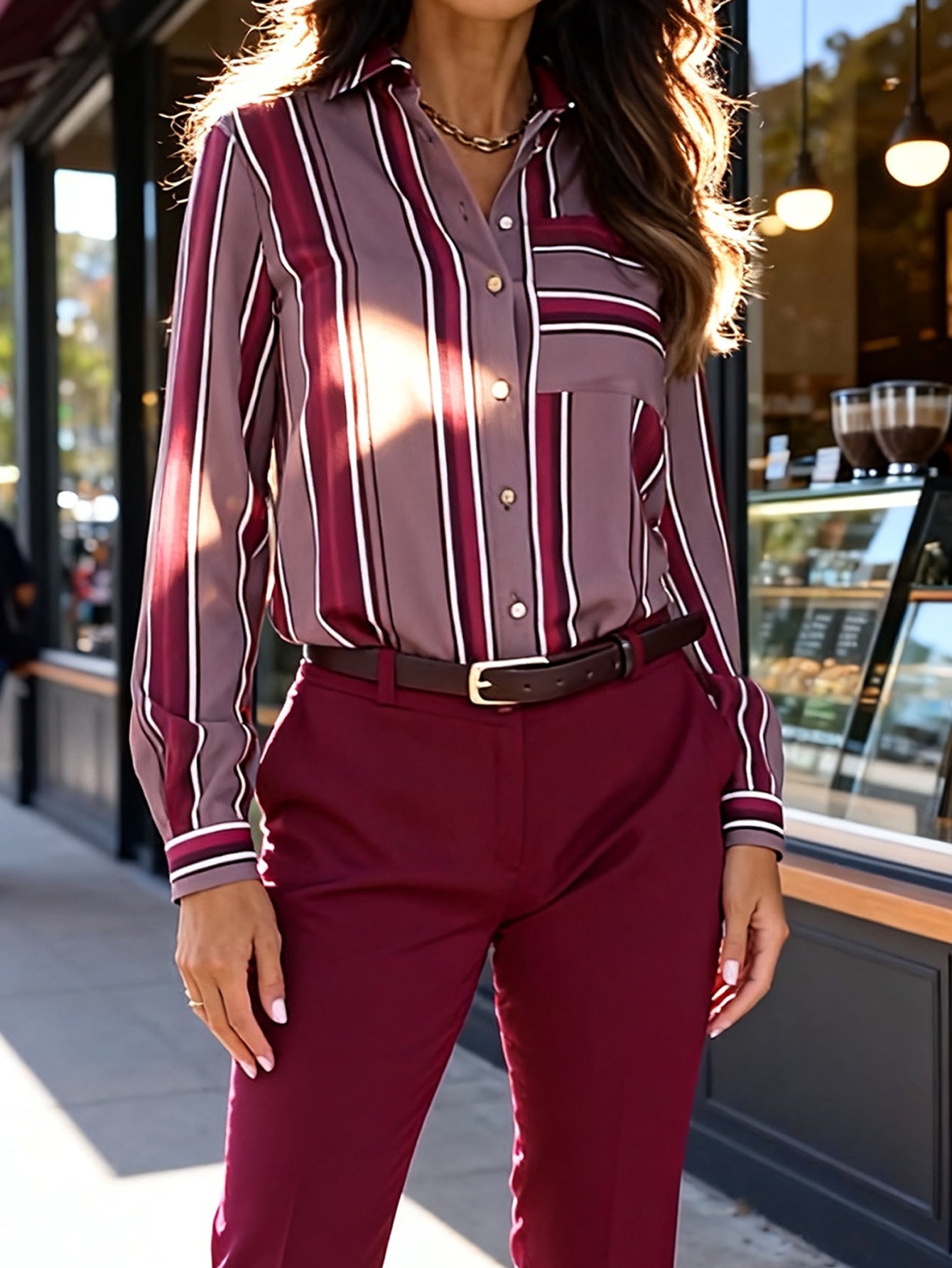 Damen Bluse feine Streifen klassischer Kragen Norvielle