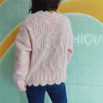 Damen Grobstrickpullover Zopfmuster Schneeflocken Applikationen