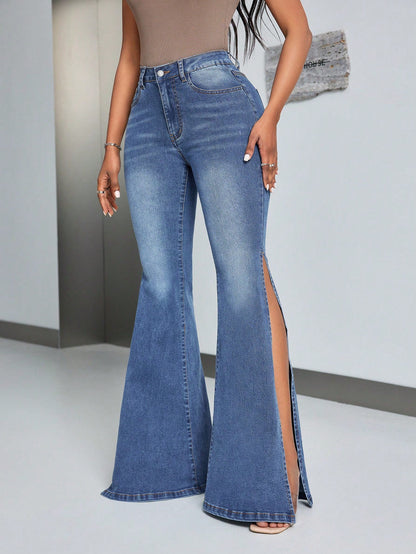 Damen High-Waist Flare Jeans mit Schlitzen Norvielle
