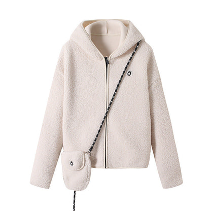 Damen Fleecejacke mit Kapuze und Umhängetasche Kuschelig Grün