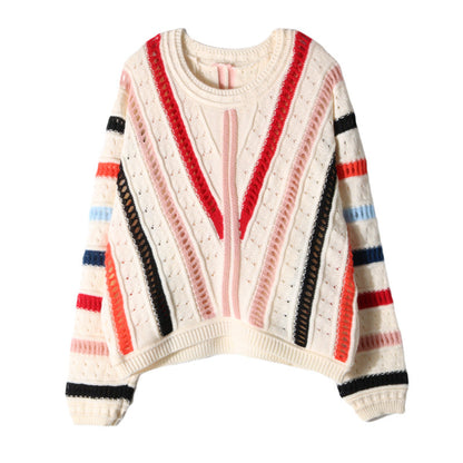 Damen Pullover V-Ausschnitt Strickdesign Bunt