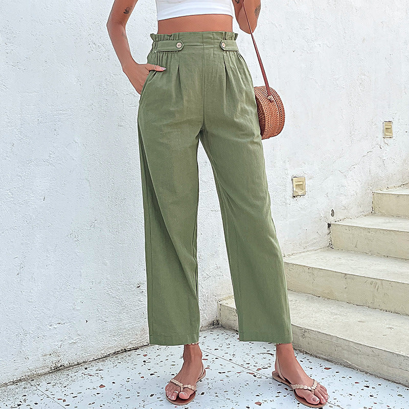 Damen Leinenhose Hohe Taille Dekorative Knöpfe Beige - Norvielle