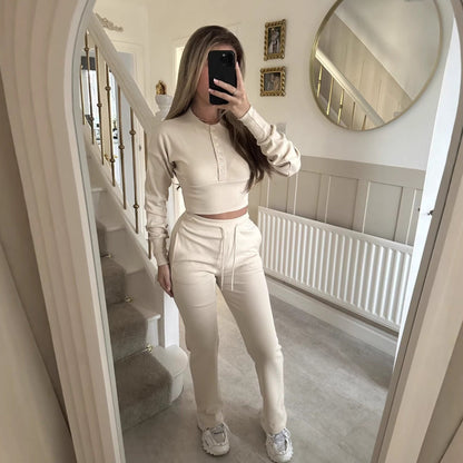 Damen Freizeit-Set Cropped Sweatshirt und Jogginghose Beige - Norvielle