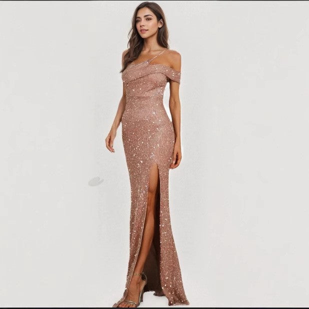 Damen Abendkleid Glitzer Wickeloptik Hochschlitz Norvielle