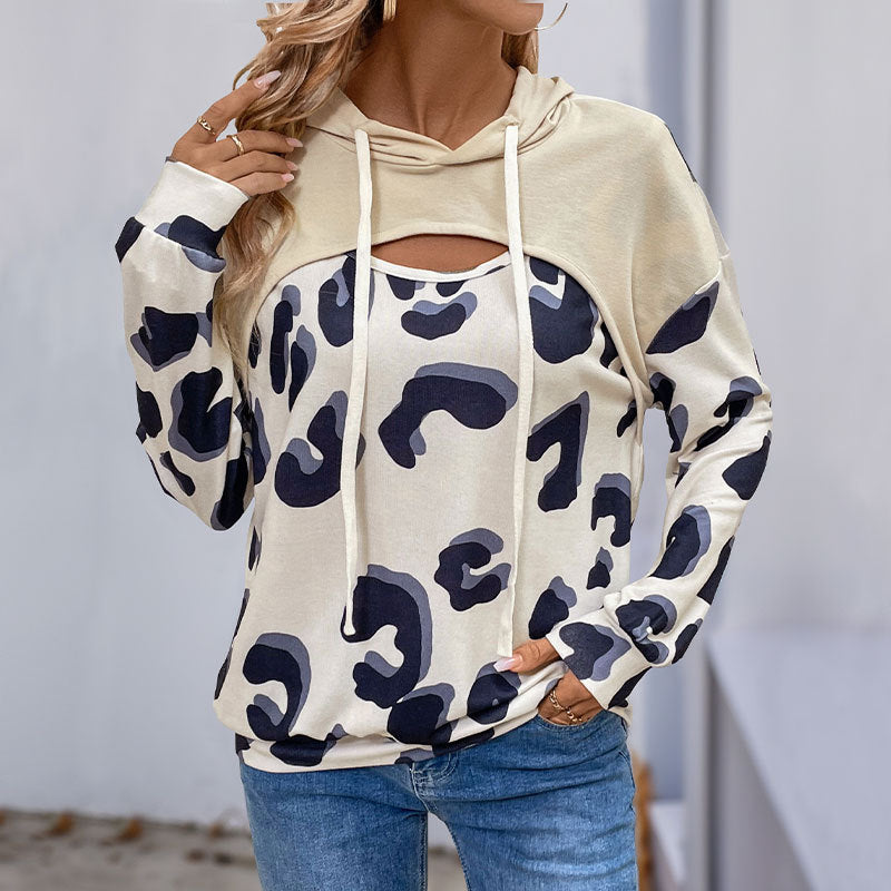 Damen Hoodie Leopardenmuster Cut-Out-Details
