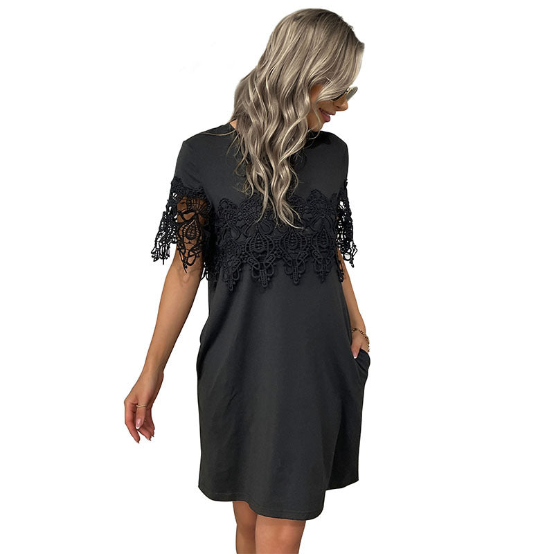 Damen Freizeitkleid Spitzenbesatz Taschen Elegant