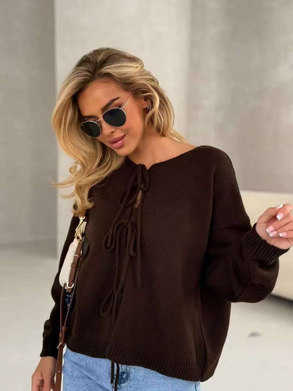 Damen Strickpullover Weit Schnitt Dekorative Schnürung Beige