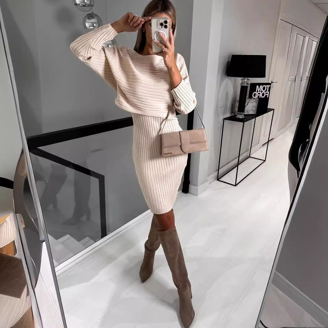 Damen Strickkleid Oversized Rippen Optik Beige