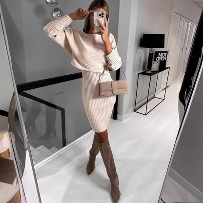 Damen Strickkleid Oversized Rippen Optik Beige