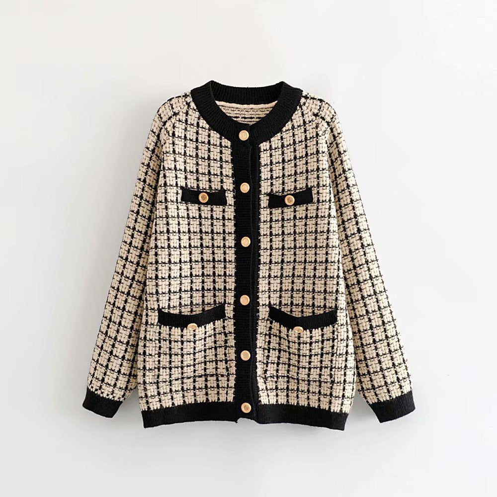 Damen Strickjacke Karomuster Dekorative Knöpfe Norvielle - Norvielle