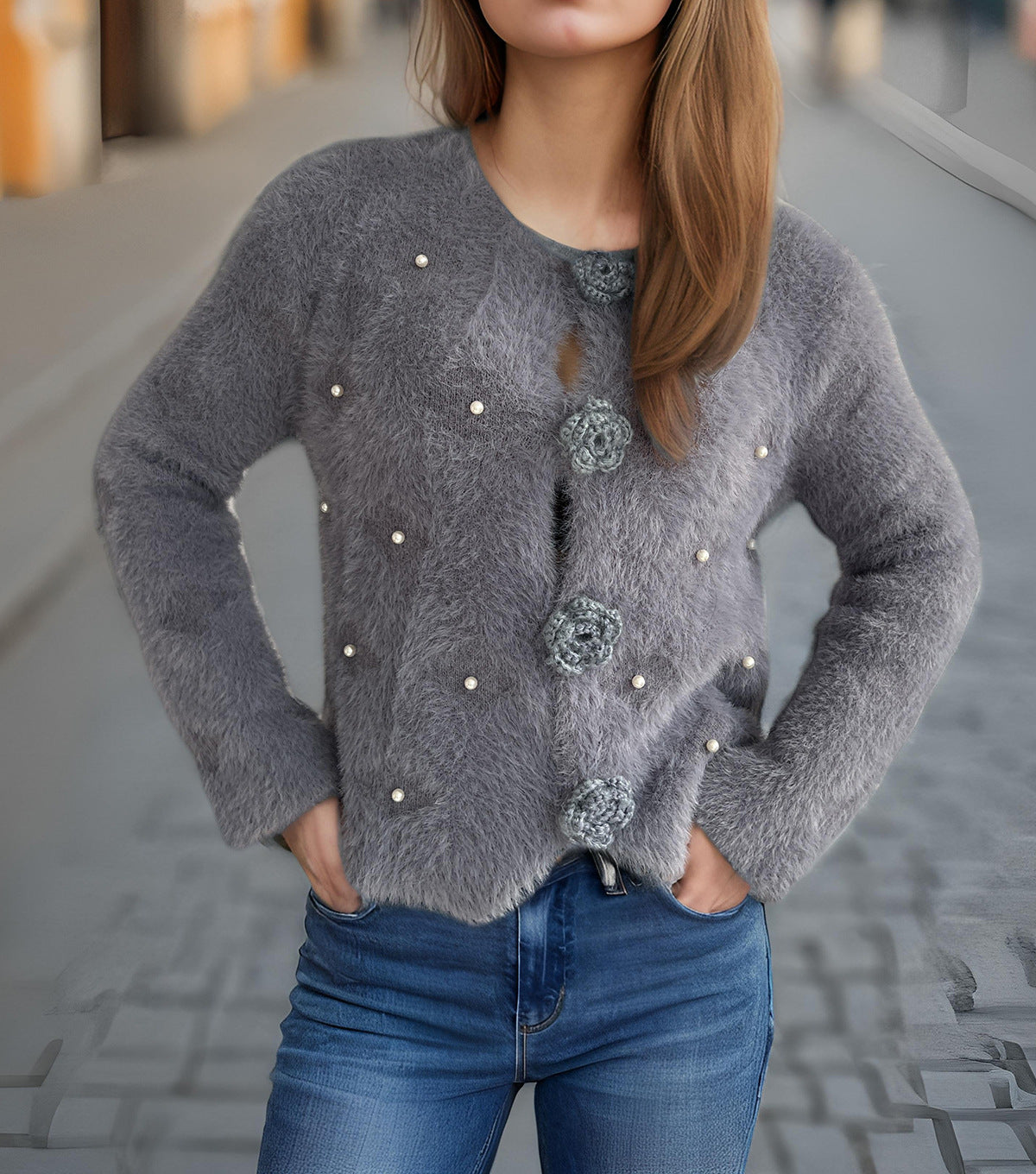 Damen Strickjacke Blumenapplikationen Perlenakzente Norvielle