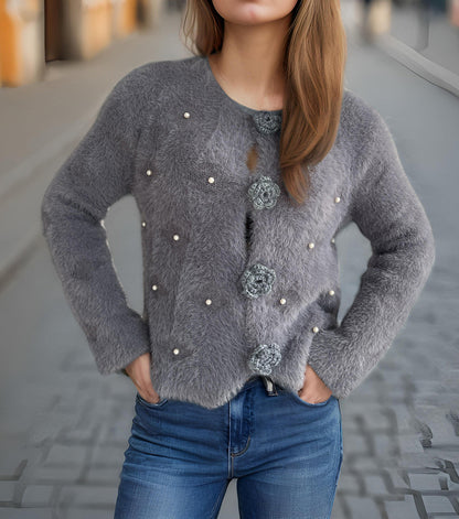 Damen Strickjacke Blumenapplikationen Perlenakzente Norvielle