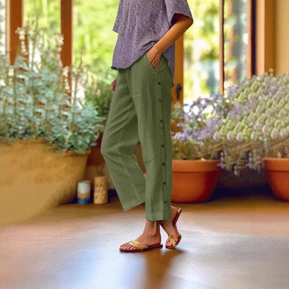 Damen Leinenhose Bequem Mit Knöpfen